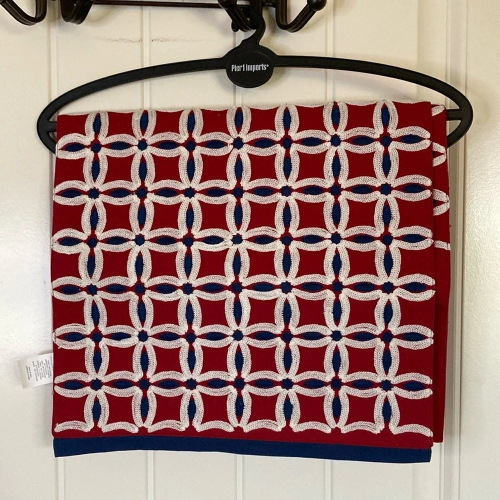 Pier 1 Red White‎ Blue Geometric Embroidery Table Runner NWT Americana Nautical